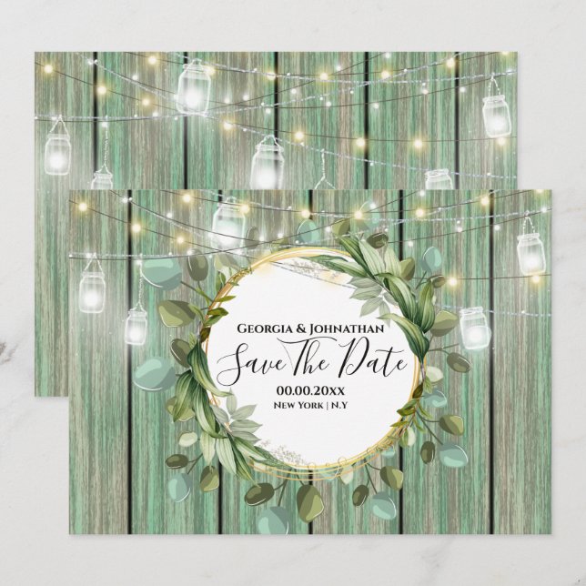 Country flower wood mason jar string lights beach save the date (Front/Back)