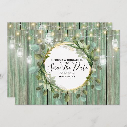 Country flower wood mason jar string lights beach save the date