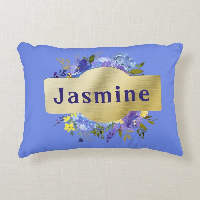 Country Flowers Blue Purple Floral & Gold Accent Pillow (Front)
