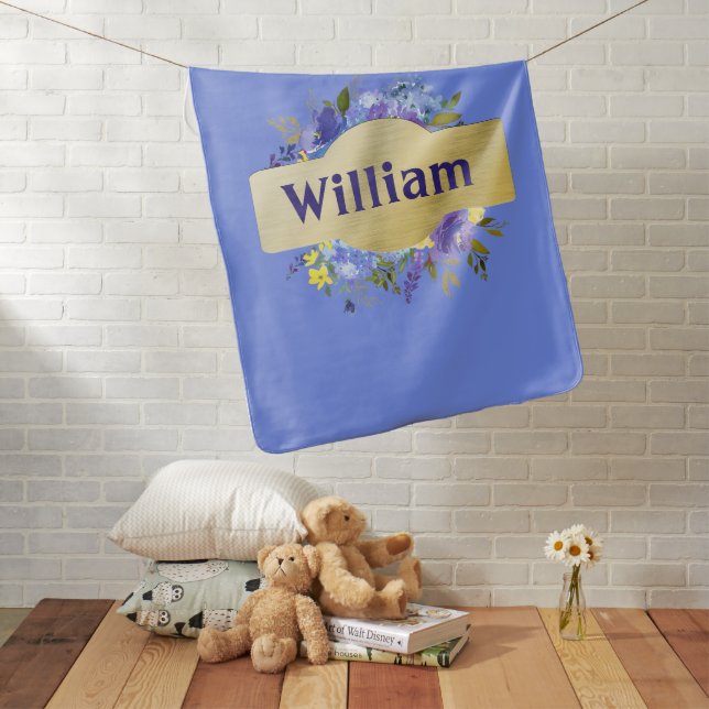 Country Flowers Blue Purple Floral & Gold Baby Blanket (In Situ)