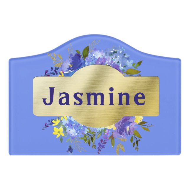 Country Flowers Blue Purple Floral Gold Nursery Door Sign (Small Crest Front)