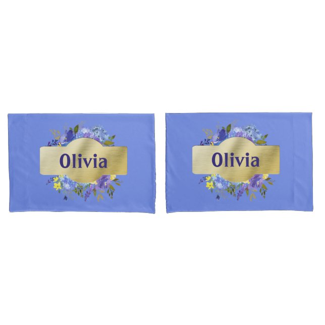 Country Flowers Blue Purple Floral & Gold Pillow Case (Front-Set)