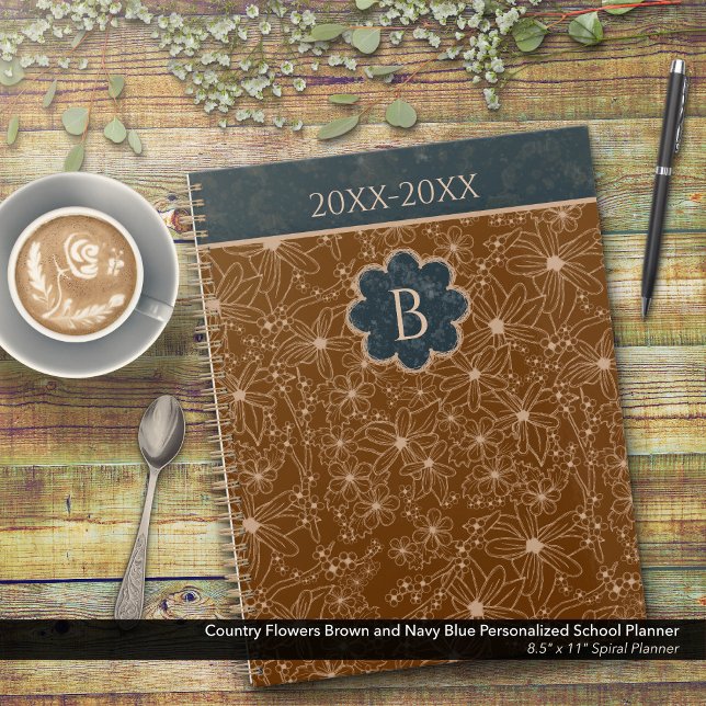 Country Flowers Brown Blue Personalized School Planner (Country Flowers Brown and Blue Personalized School Planner: Customize the Date and Monogram)
