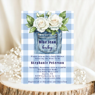 Country Flowers Cute Gingham Blue Jean Baby Shower Invitation