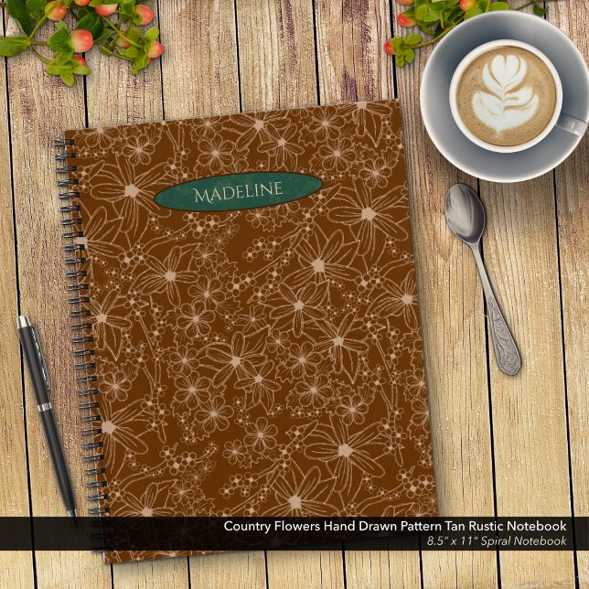 Country Flowers Hand Drawn Pattern Brown Rustic Notebook (Country Flowers Hand Drawn Pattern Brown Rustic Notebook: 8.5"x11" Spiral Notebook with Green Name)