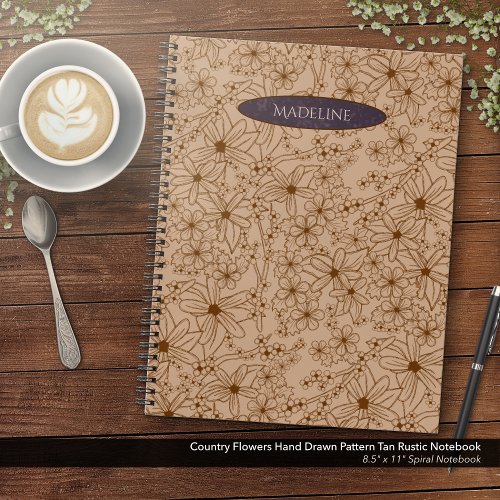 Country Flowers Hand Drawn Pattern Tan Vintage Notebook