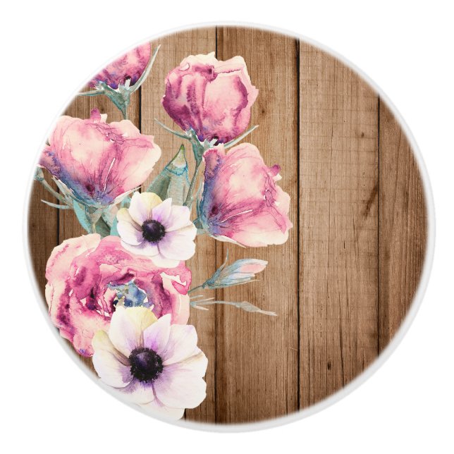 Country Flowers Rustic Barn Wood Ceramic Knob (Front)