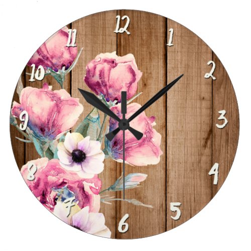 Country Flowers Rustic Barn Wood Large Clock