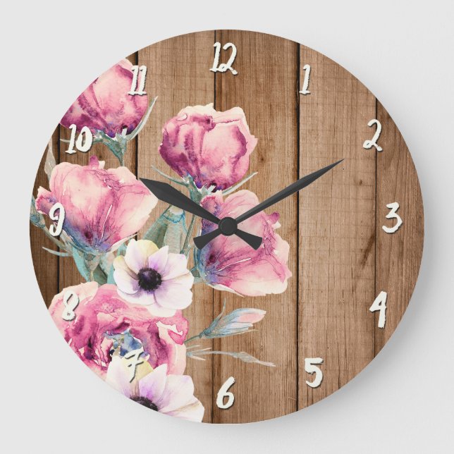 Country Flowers Rustic Barn Wood Large Clock (Front)