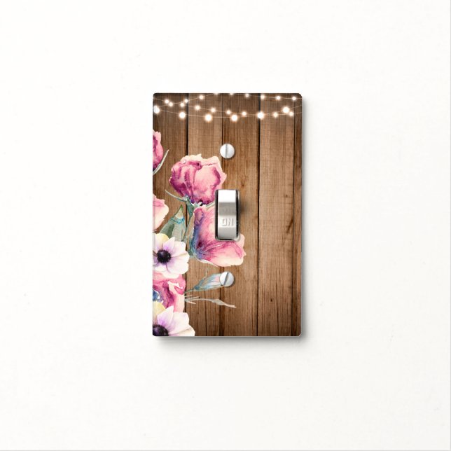 Country Flowers Rustic Barn Wood Light Switch Cover (In Situ)