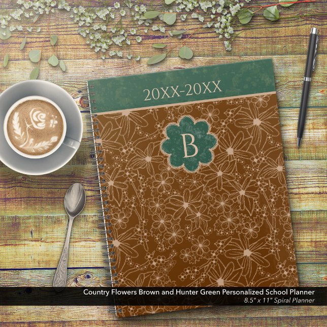 Country Flowers Rustic Brown Green Personalized Planner (Country Flowers Brown and Green Personalized School Planner: Customize the Date and Monogram)