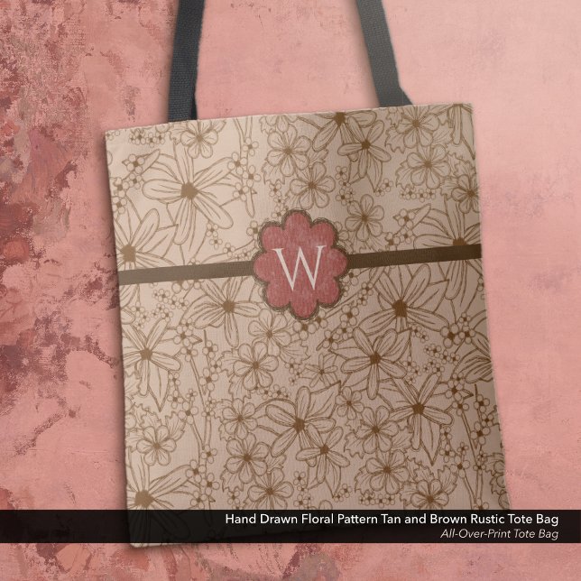 Country Flowers: Tan and Brick Red Monogrammed Tote Bag (Tote Bag: Rustic Hand Drawn Floral Pattern in Tan and Brown with Distressed Brick Red Monogram.)