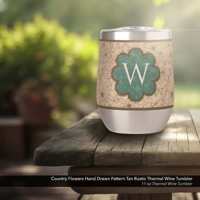 Country Flowers: Tan and Hunter Green Monogrammed Thermal Wine Tumbler (Country Flowers Wine Tumbler with Hand Drawn Rustic Floral Pattern & Distressed Green Monogram)