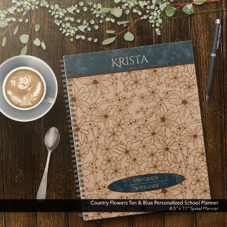 Country Flowers Tan & Blue Personalized School Planner