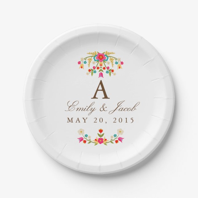 Country Flowers Wedding Monogram Paper Plates (Front)