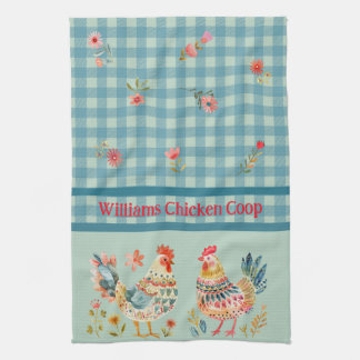Country Folk Art Chickens On Blue Gingham Check  Kitchen Towel