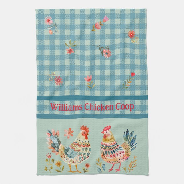 Country Folk Art Chickens On Blue Gingham Check  Kitchen Towel (Vertical)