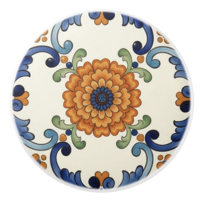 Country Folk Flower Mediterranean Blue Orange Ceramic Knob (Front)