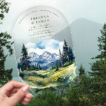 Country Forest Glade Wedding Mountain Landscape Acrylic Invitations<br><div class="desc">Acrylic wedding invitation with watercolor landscape. This artwork captures the ethereal beauty of a secluded woodland glade, bathed in dappled sunlight filtering through cedar and redwood trees. A carpet of dainty yellow wildflowers dances beneath the trees, creating a dreamlike setting straight out of a fairytale book. The soft watercolor tones...</div>