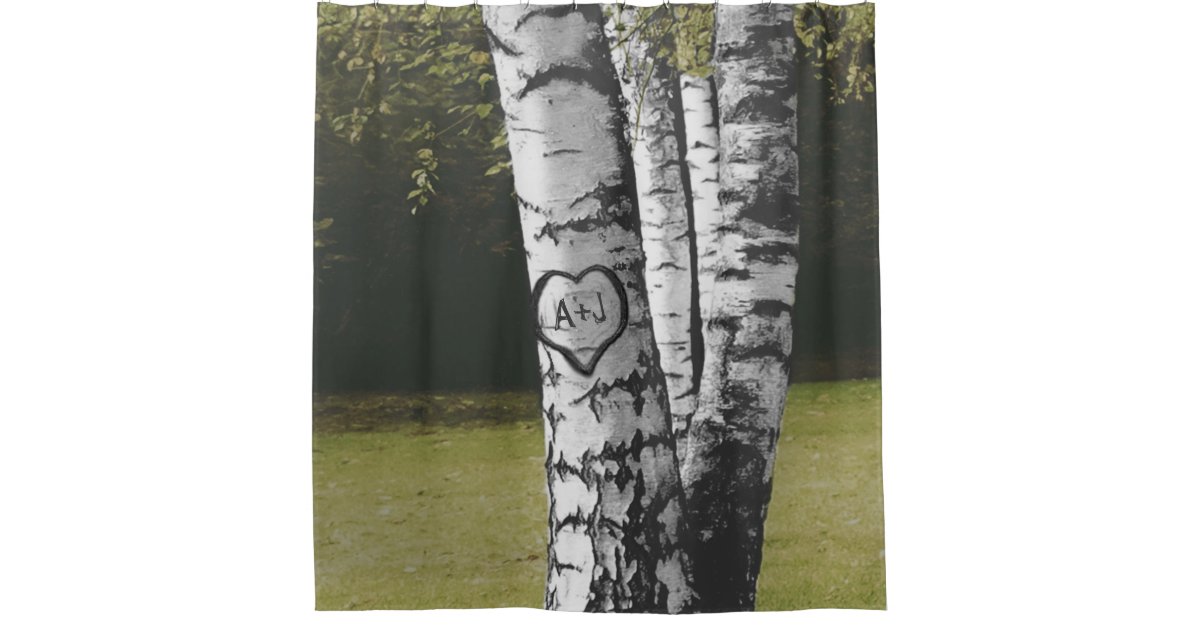 Country Forest Rustic Carved Initials Birch Tree Shower Curtain