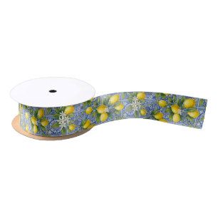 Country French Blue Tile Yellow Lemon Striped Satin Ribbon