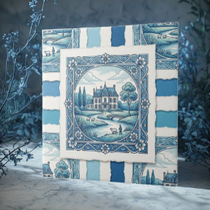 Country French Toile De Jouy Vintage Rustic Blue Ceramic Tile