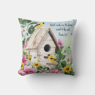 Country garden birdhouse, birds and floral throw pillow