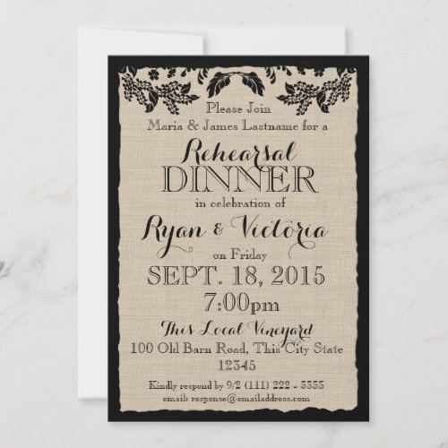 Country Garden Black with Burlap Rehearsal Dinner Custom Invitations