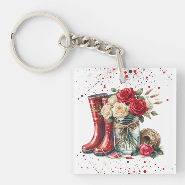 Country Garden Boots and Roses  Keychain (Front)