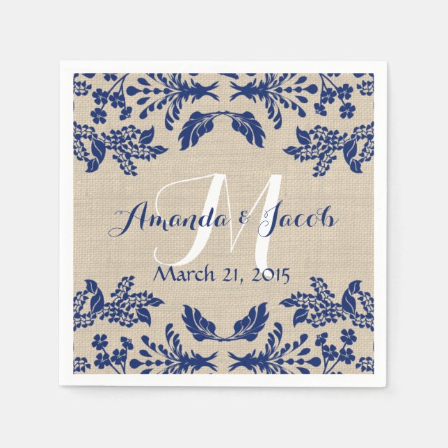 Country Garden Damask Blue and Burlap Napkins (Front)