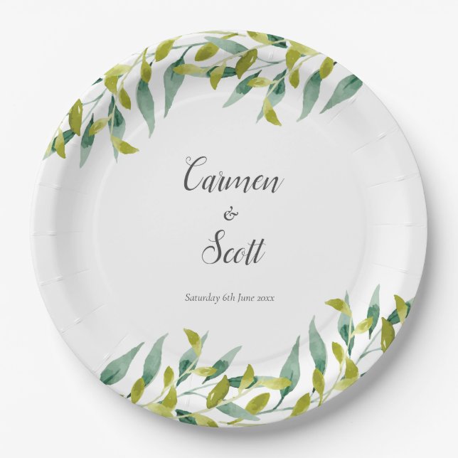 Country Garden Eucalyptus Leaves Wedding Greenery Paper Plates (Front)