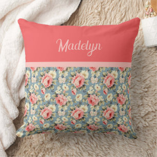 Country Garden Floral Coral Red Monogram Name Throw Pillow