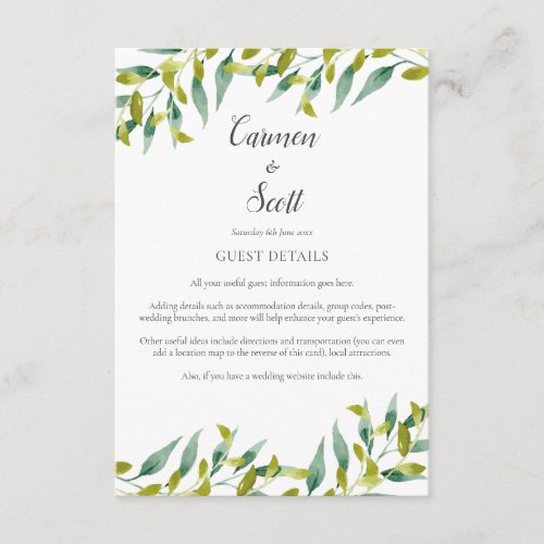 Country Garden Greenery Guest Information Details Enclosure Card