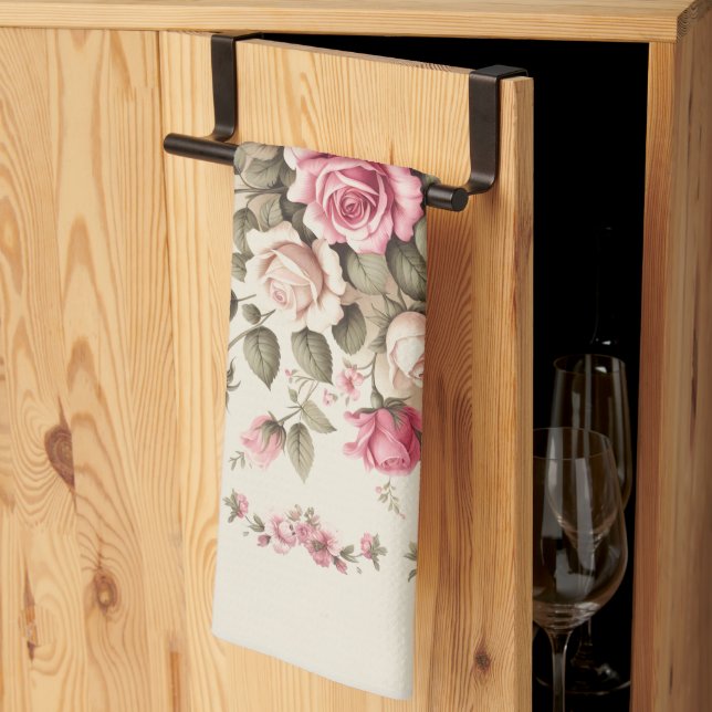 Country Garden Pink Roses on Cream Background Kitchen Towel (Thirds Fold)