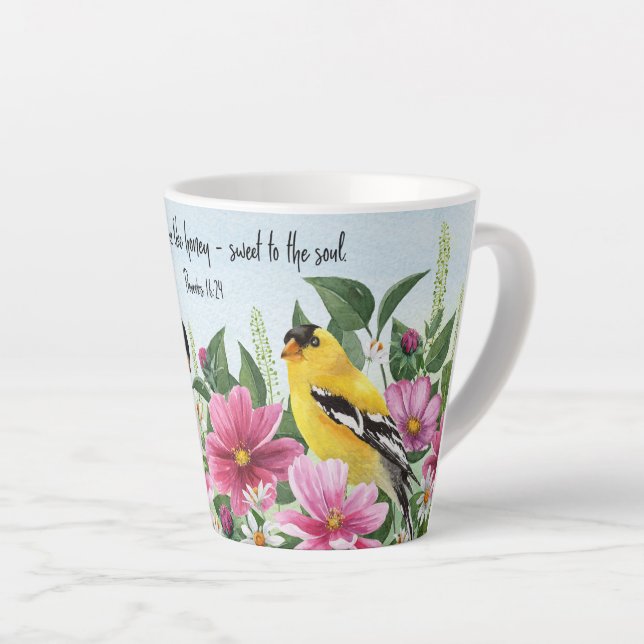 Country Garden with birds and scripture Latte Mug (Right Angle)