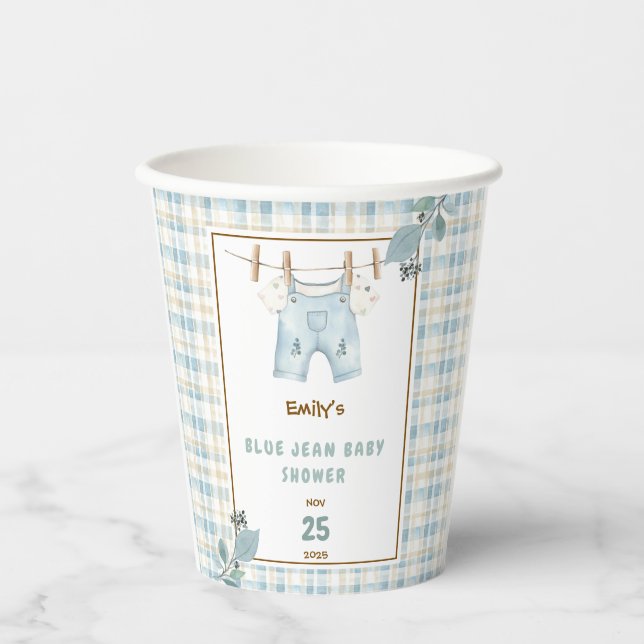 Country Gingham Blue Jean Baby Shower Welcome Paper Cups (Front)