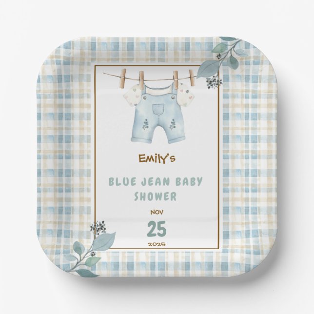 Country Gingham Blue Jean Baby Shower Welcome Paper Plates (Front)