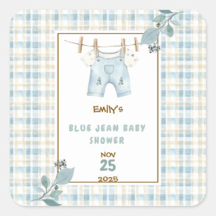 Country Gingham Blue Jean Baby Shower Welcome Square Sticker