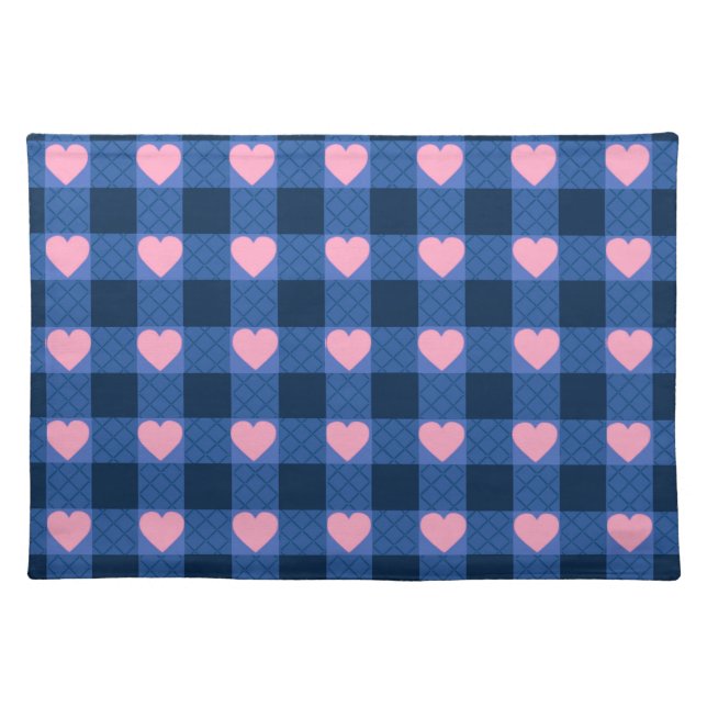 Country Gingham Blue Pink Heart Pattern Cloth Placemat (Front)