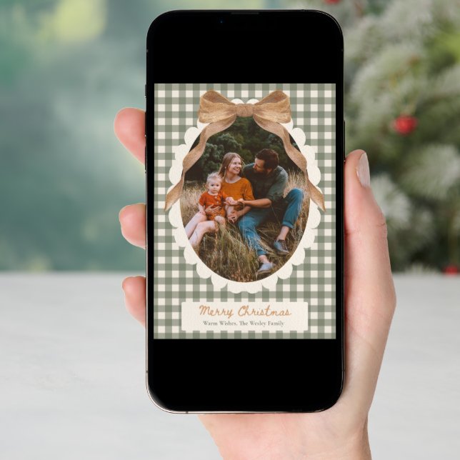 Country Gingham Bow Photo Christmas Card (Front Digital)