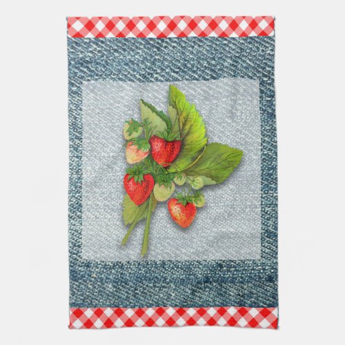 Country Gingham Denim and Strawberries Towel