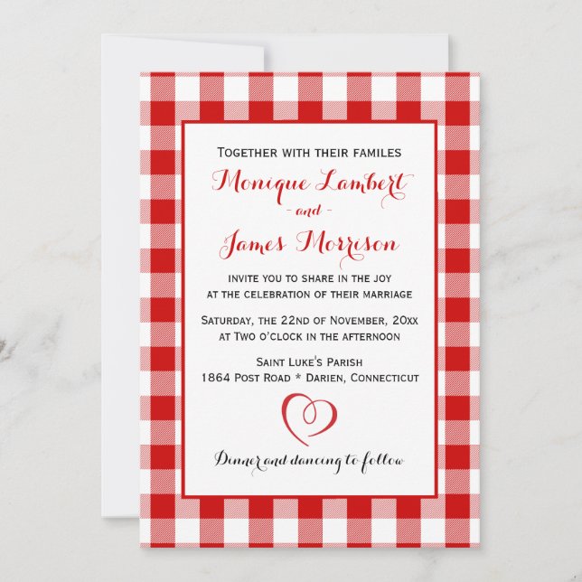 Country Gingham Red & White Checks Wedding Plaid Invitation (Front)