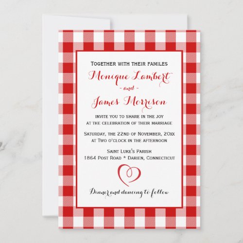 Country Gingham Red  White Checks Wedding Plaid Invitation