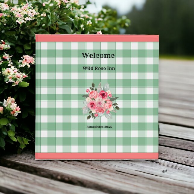 Country Gingham Wild Roses B & B Custom Farmhouse 3 Ring Binder (Guest Information Binder to welcome vistors)