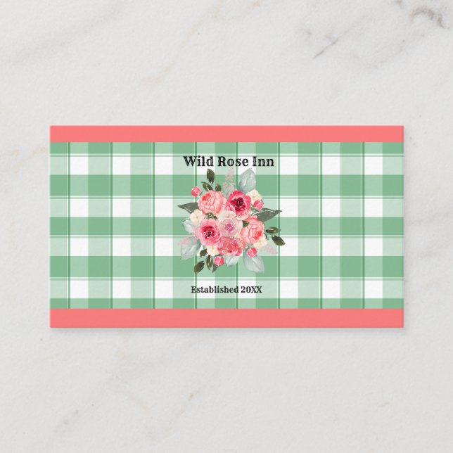 Country Gingham Wild Roses B & B Custom Farmhouse Business Card (Front)