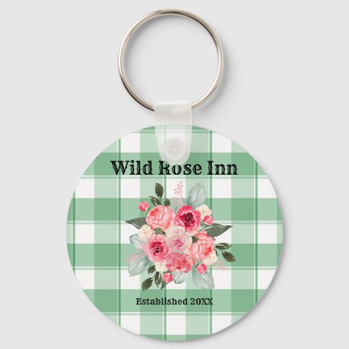Country Gingham Wild Roses B  B Custom Farmhouse  Keychain