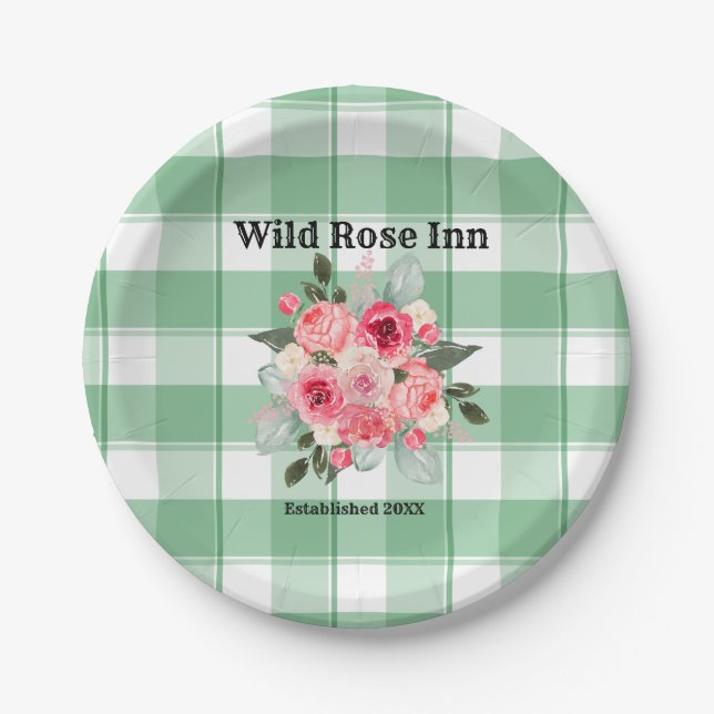 Country Gingham Wild Roses B & B Custom Farmhouse  Paper Plates (Front)