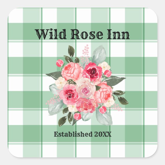 Country Gingham Wild Roses B & B Custom Farmhouse  Square Sticker (Front)