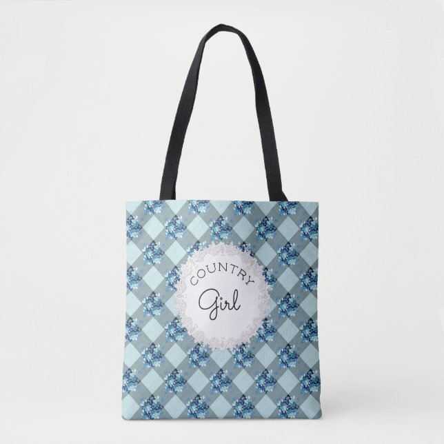 Country Girl Blue Gingham Flowers Pattern Tote Bag (Front)