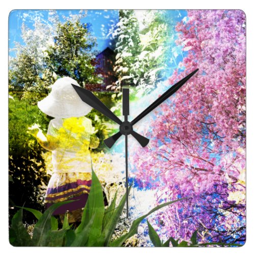 Country Girl Collage Pink Flower Cottage Style Square Wall Clock